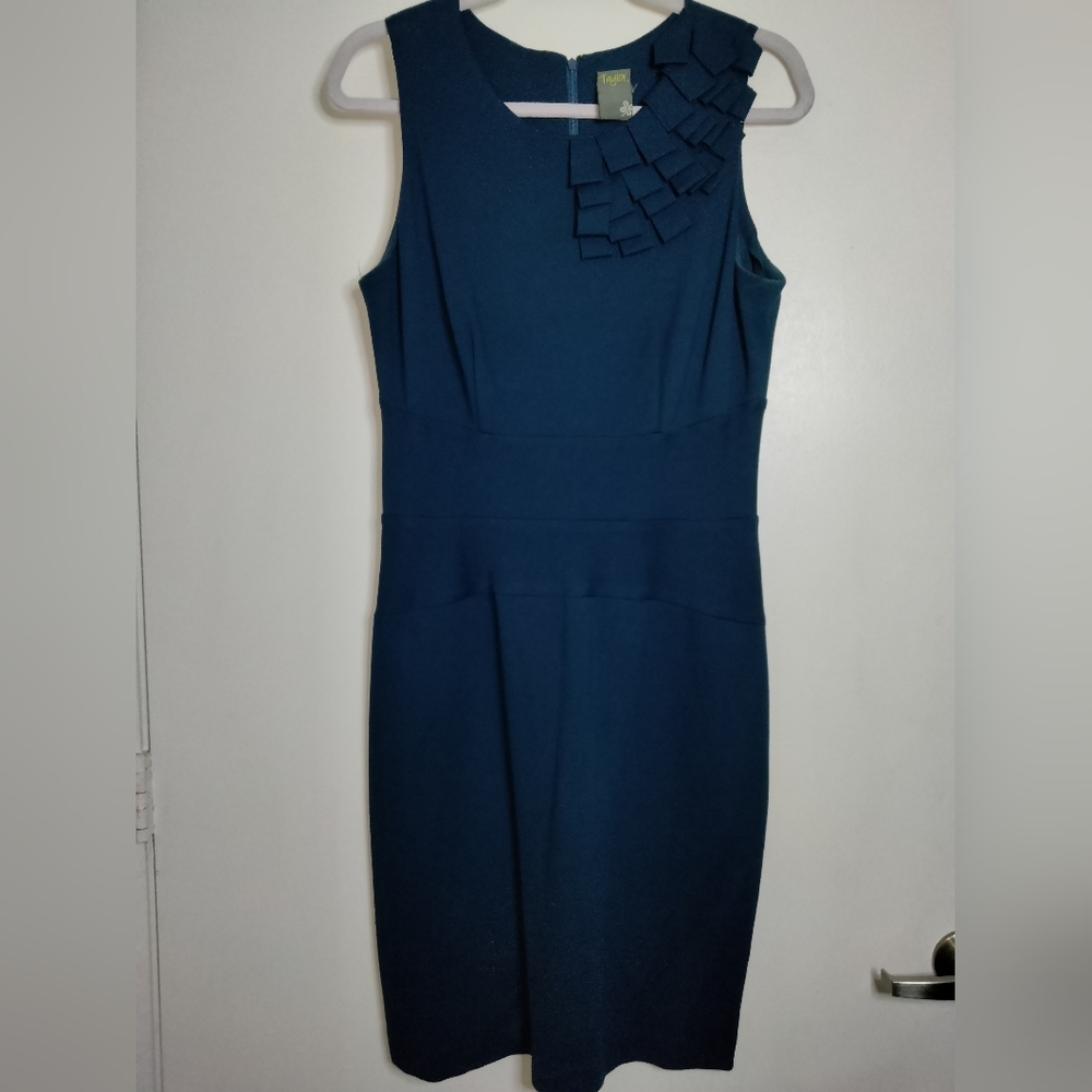 Taylor (Sz 10) Blue Stretch Shoulder Pleated Detail Sleeveless Midi Sheath Dress